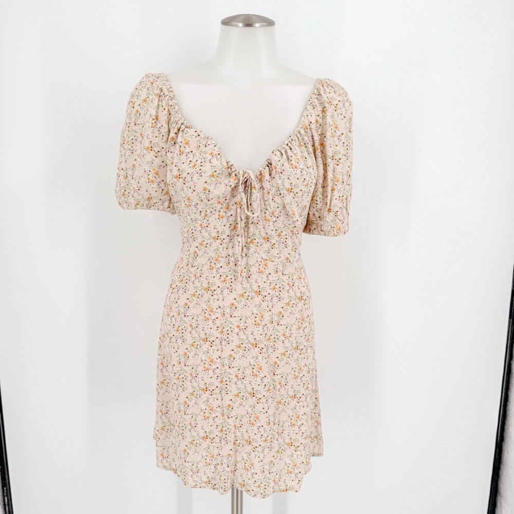 Sophie Rue Beige Floral Puff Sleeve Mini Dress